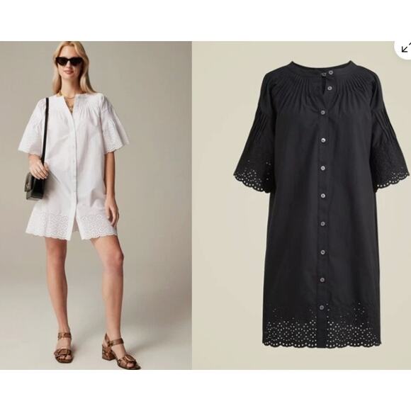 J.Crew Mini Dress Women's Black Eyelet Poplin Cotton Button Front Mini Dress NEW - Picture 1 of 9